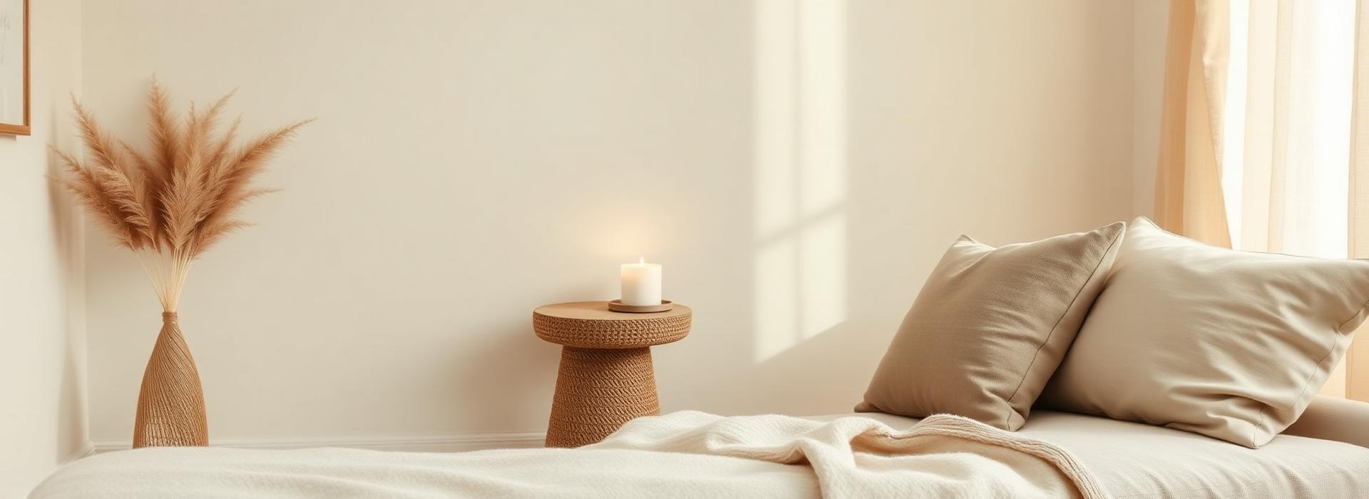 Calm therapy room with soft linen furnishings and candlelight